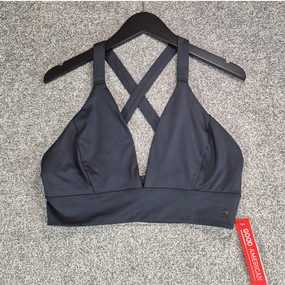 Good American Gloss Plunge Sports Bra Womens 4 Black Performance Cross Back